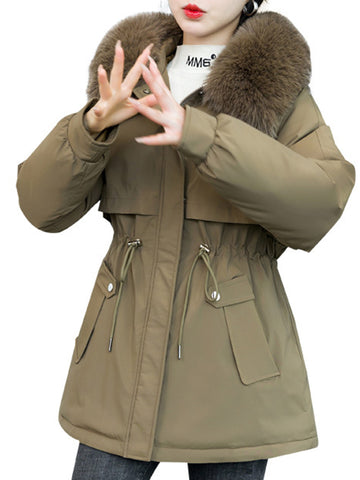 Airchics mi-longue parka doublé polaire avec poches coulisse taille fermeture éclair col en fourrure à capuche femme mode